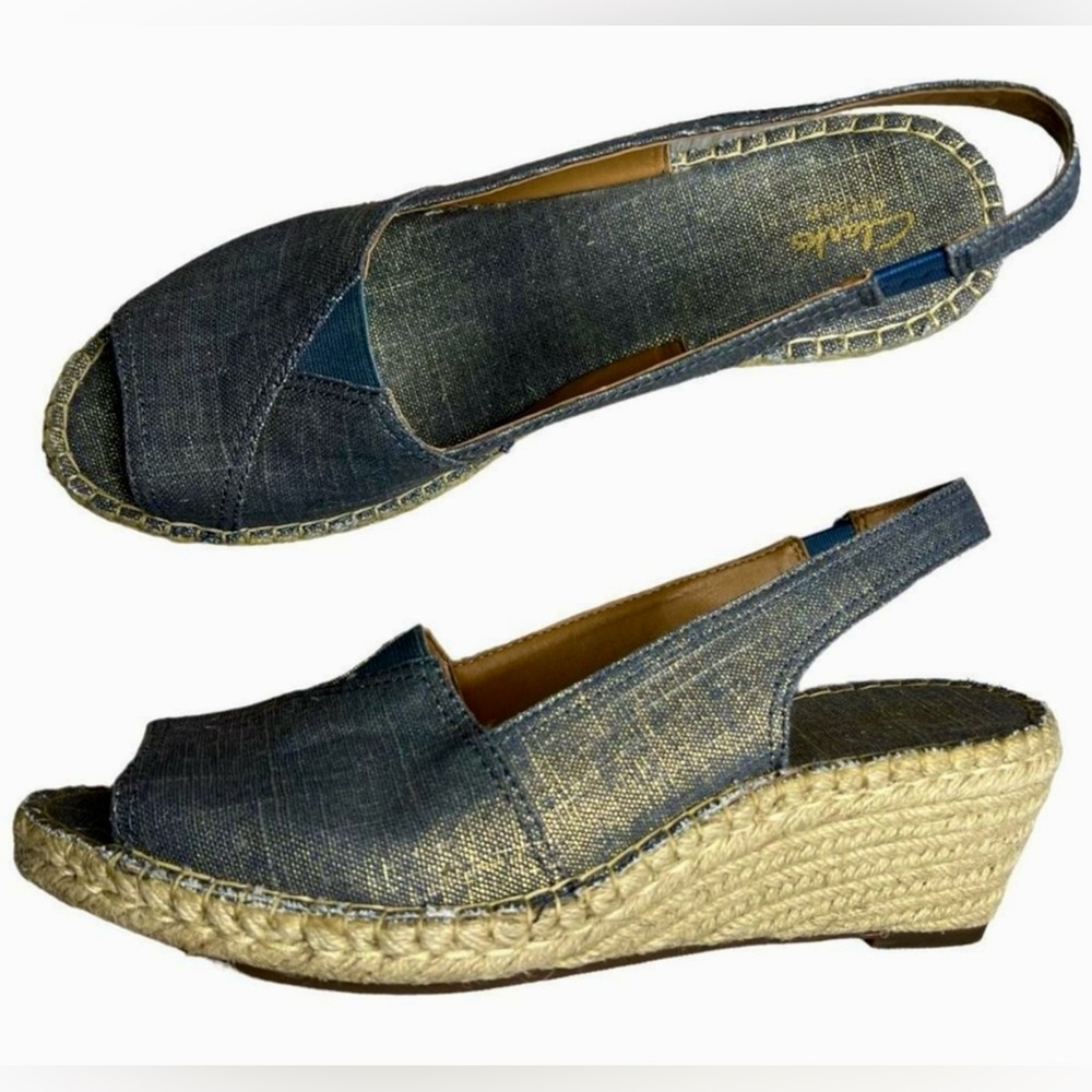 Clarks Women's Petrina Rhea Navy Linen Fabric Wedge Heel Slingbacks Size 12